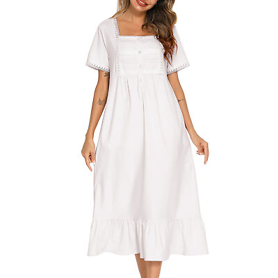 #ad Women#x27;s Cotton Victorian Nightgown Short Sleeve Square Neck Pajama Sleep Dress $20.99