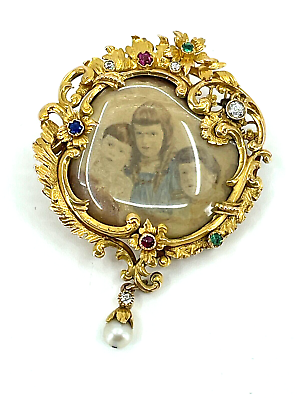 #ad Antique 14k DiamondsSapphire Rubies Emerald Pearl Gold Leaf Picture Pendant $995.00