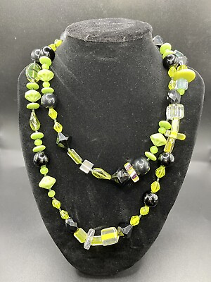 #ad Czech? 925 amp; Molded Glass Beaded Necklace Uranium Beads Black Green Yellow GLOWS $42.00