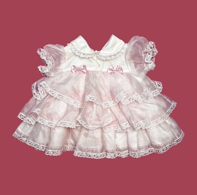 #ad Vtg Baby Girls 3 6 Mo dress Fancy Party Pagent Photoshoot Pink Ruffle How Lace $65.00