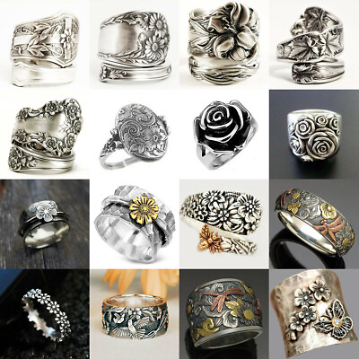#ad Women 925 Silver Ring Turkish Handmade Retro Flower Ring Wedding Jewelry Sz 6 10 C $2.38