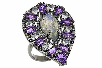 #ad HSN Rarities Sterling Black Rhodium Labradorite amp; Multi Gemstone Ring Size 5 $388.00