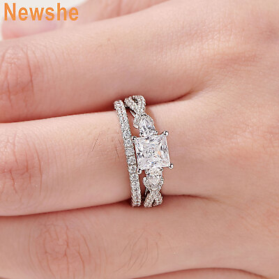 #ad Newshe 1.7CT Princess CZ Eternity Wedding Band Set Engagement Promise Ring Set $34.99