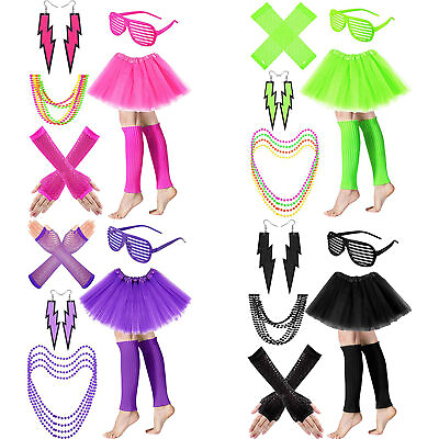#ad 80s Fancy Dress Costume Accessories Neon Womens Fancy Dress Costume 6 Piece Set $20.96