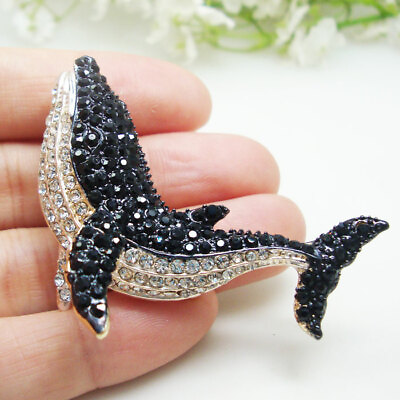 Fashion Jewelry Woman Black Dolphin Whale Pendant Brooch Pin Crystal Rhinestone $10.75