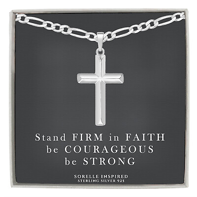 Mens Solid Sterling Silver Cross Necklace with 4mm Italian Figaro Chain Gift $56.95
