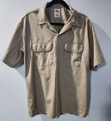 #ad Dickie#x27;s Men#x27;s Tan Button Up Long Sleeve Work Shirt Size Large $14.99