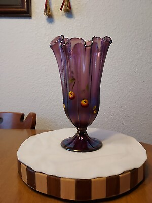 #ad Fenton Hand Painted And Signed. Purple Iridescent 10 Inch Handkerchief Top $89.00