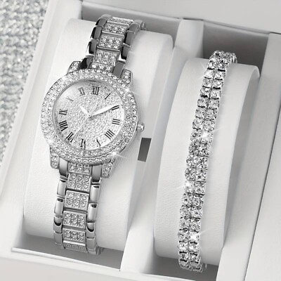 #ad Watch Gift Set for Women Ladies Silver WATCH BRACELET Rhinestone 2pc set GBP 6.99