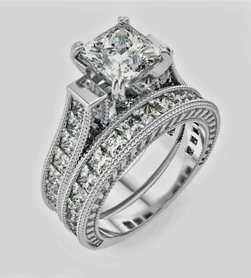 #ad 4ct Princess cut 14k White Gold Sterling Lab Created Diamond Wedding Ring Set $79.00
