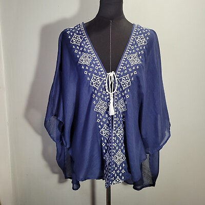 #ad NWT BLUE STORY by CEJON Embroidered Gauze Flowy Kimono Tassel Tie Front One Size $14.45