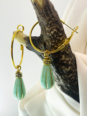 #ad Mint Green Etched Striped Teardrop Gold Lever back Hoop Dangle Earrings 1 3 4quot; $7.99