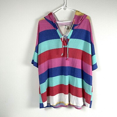 #ad Sew In Love Womens Top Size 3X Multicolor Stripe Hood Short Sleeve V Neck Shirt $16.95