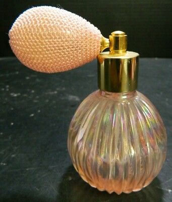 #ad Vintage Iridescent Ribbed Pink Glass Perfume Bottle Atomizer 3.63quot; x3quot; Excellent $24.99