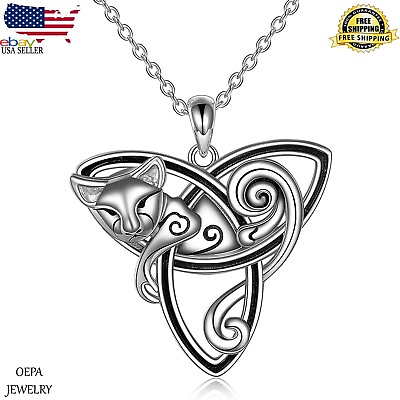 Triquetra Cat Necklace Women Sterling Silver Celtic Trinity Knot Necklace $120.00