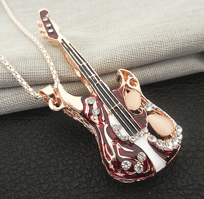 #ad Fashion Red Blue Enamel Crystal Music Guitar Pendant Sweater Necklace $6.99