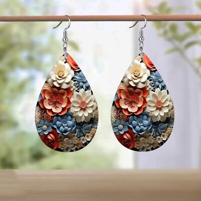 #ad Fashion Blue White Pink Flower Faux Leather Earrings Women Floral Jewelry Party $12.98
