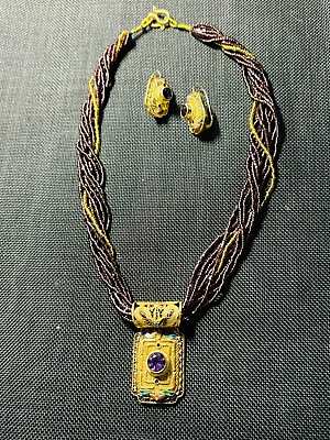 #ad Mongolian 22K Gold Sterling Vermeil Handcrafted Vintage BG Pend Neck Ears Set $679.00