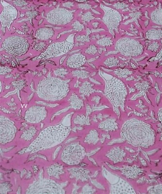#ad Indian Cotton Hand Block Sanganeri Bird Print Handmade Fabric Natural By Yard $35.92