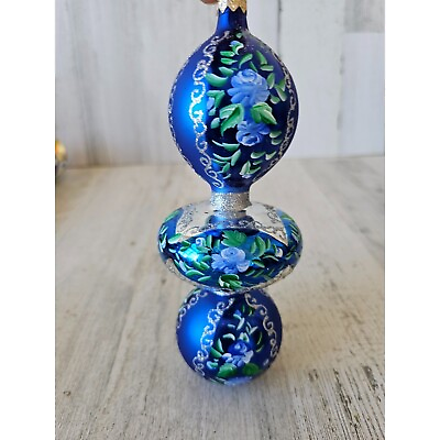#ad Radko Venetian garden drop Blue glitter finial ornament Xmas tree $131.18