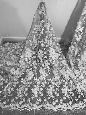 #ad White 3D Flower Embroidered Silver Sequins Lace Fabric 50in Sold By The Yard $29.99