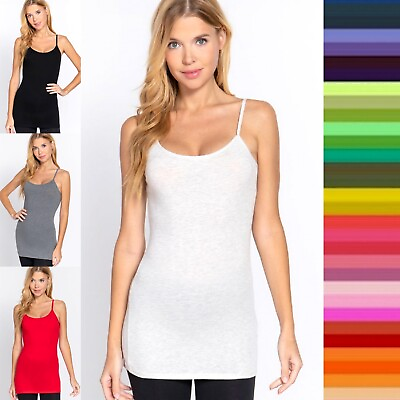 #ad Women Long Cotton Cami Adjustable Strap Soft Stretch No Bra Tunic Tank Top 8745 $7.75