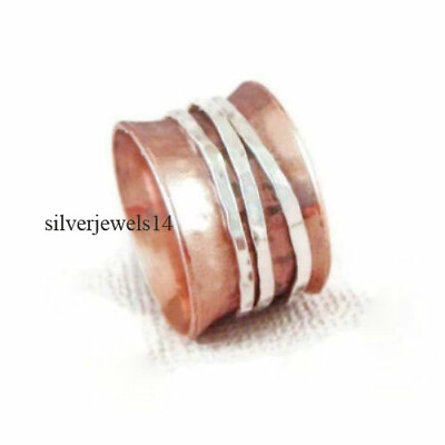 #ad Solid Copper Sterling Silver Two Tone Wide Band Meditation Spinner Hammered se21 $11.99