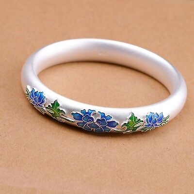 #ad Pure S999 Fine Silver Bangle Women Lucky Gift Enamel Peony Flower Bracelet 39g $115.37