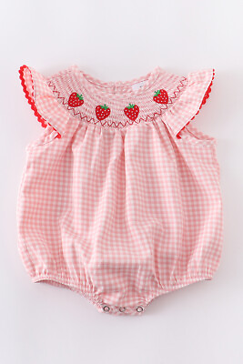 Boutique Strawberry Smocked Baby Girls Pink Bubble Romper Jumpsuit $17.99