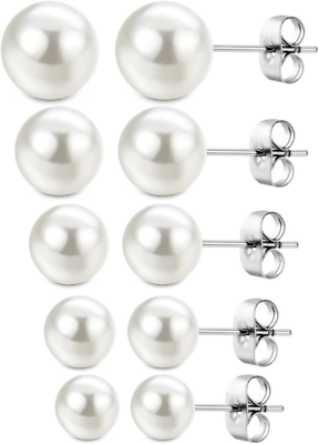 #ad Faux Pearl Stud Earrings 5 Pairs Stainless Steel Hypoallergenic Starter Set for $9.16
