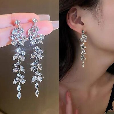 #ad Women Crystal Zircon Tassel 925 Silver Earrings Stud Dangle Drop Wedding Gift AU $2.78