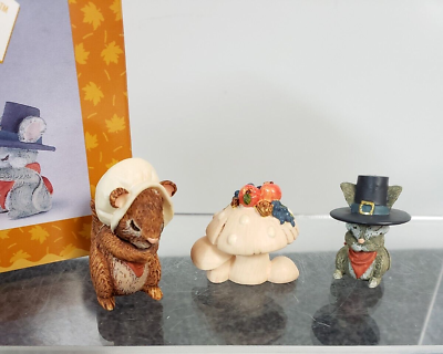 #ad Hallmark Thanksgiving Merry Miniatures Giving Thanks Squirrel Mouse 3Pc Set Box $14.00