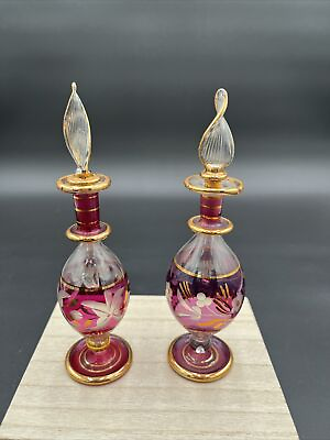 #ad #ad Vintage Egyptian Blown Glass Perfume Bottles Gold Etched Set of 2 Purple 6.5” $28.99