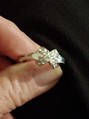#ad Vintage Avon Silvertone Criss cross Crystal Ring. Size 6.5 With Ring Guard $16.00