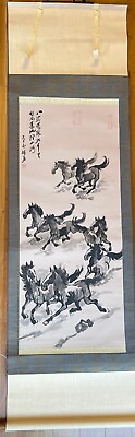#ad 1928s Japan Hanging silk Scroll Painting of Horse figure 171*51cm $39.99