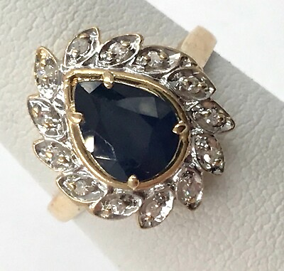 #ad 14k Yellow Gold 1.65TCW Pear Shape Blue Sapphire amp; Diamond Ring Size 6.25 3.1gr $479.99