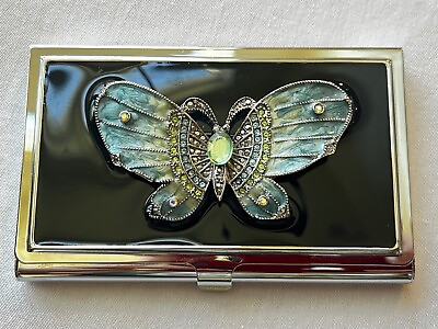 #ad Vntg Mirror Compact Rectangular Shape Enameled Rhinestone Butterfly AB Crystals $28.00