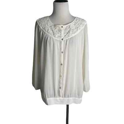 #ad Chicos 1 Medium 8 Sheer Ivory Button Front Blouse Crochet Lace Trim $12.60