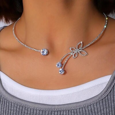 #ad Fashion Crystal Glitter Rhinestone Adjustable Silver Choker Butterfly Necklace $16.98