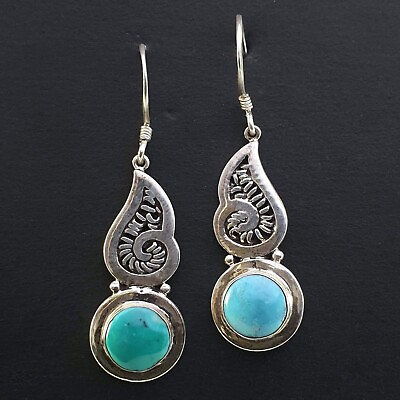 #ad 925 Sterling Silver Turquoise Stone Nepal Tibetan Petite Earrings Antique Ethnic $122.00