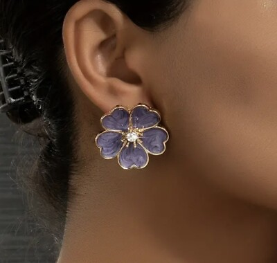 #ad Flower Earrings Gold Spade Stud Purple Enamel Stainless Steel Floral Kate $24.81