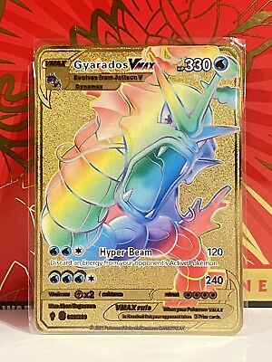 #ad Gyarados Vmax Rainbow Gold Metal Pokémon Card Fan Art Collectible Gift $9.99
