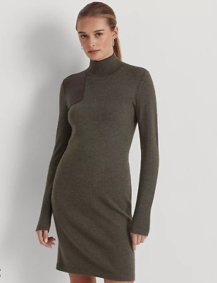 #ad LAUREN RALPH LAUREN Faux Leather Trim Wool Sweater Dress Women#x27;s Large Multi $132.50