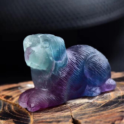 TOP Hand Carved dog Natural Fluorite Quartz Crystal Gift Healing 1pc $15.63