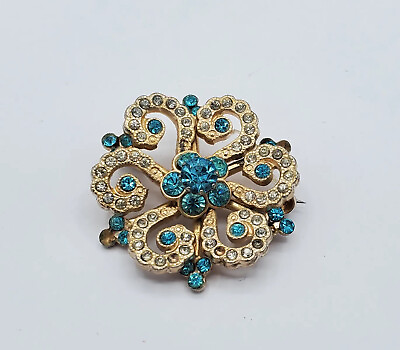 #ad Vintage Silver Brooch Blue Rhinestones Pin Jewelry Gift Estate Costume $22.49