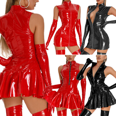 #ad Women Latex Leather Zipper Bodycon Mini Dress Sexy Wet Look Shiny Skirt Clubwear $19.99
