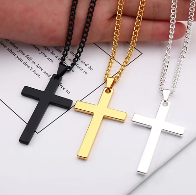 #ad Women Men stainless steel Plain Silver Gold Plated cross pendant Cuban Necklace $5.95