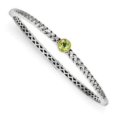 #ad 14k Yellow Gold Sterling Silver Green Peridot Bezel Halo Cable Bangle Bracelet $295.00