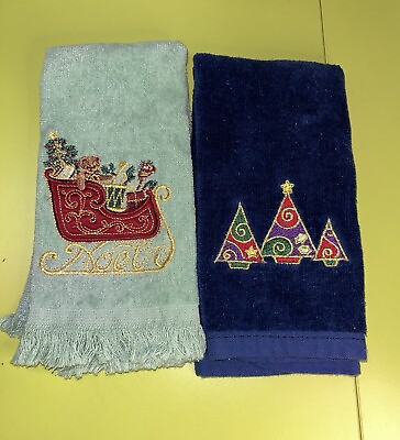 #ad Set 2 Vintage Christmas Kitchen Towels Hand Embroidered Navy amp; Green Noel EUC $14.25