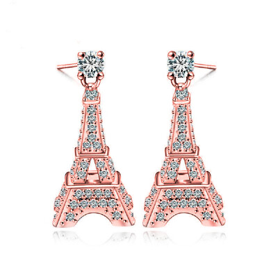 #ad Love Paris Eiffel Tower Crystal Stud Dangle Earrings ROSE GOLD Parisian Theme $11.99
